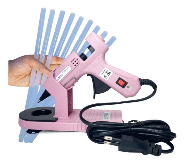 PISTOLA DE COLA QUENTE GRANDE 100W PROFISSIONAL ROSA COM BASE REMOVÍVEL COM VENTOSAS | BICO FINO | BIVOLT 127V/220V COM BOTÃO LIGA/DESLIGA