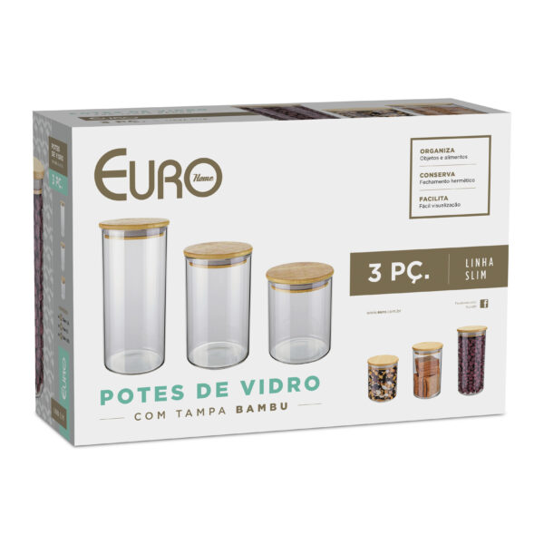 CONJUNTO DE POTES DE VIDRO SLIM COM TAMPA BAMBU 3 PÇ. - Imagem 3