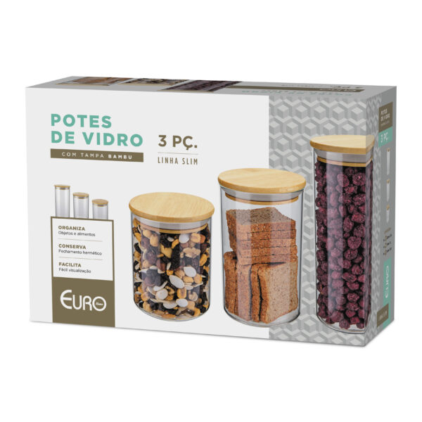 CONJUNTO DE POTES DE VIDRO SLIM COM TAMPA BAMBU 3 PÇ. - Imagem 4