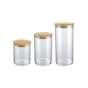 CONJUNTO DE POTES DE VIDRO SLIM COM TAMPA BAMBU 3 PÇ.